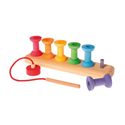 Fädelspiel + Steckspiel 6 kleine Holzspulen auch für Baby Spielzeug Holz Spielzeug Bio durchfädeln Holzspielzeug