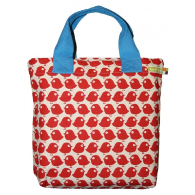 Tasche "Vogel klein", 100% Baumwolle (kbA), rote Vögel auf natur, mit blauen Henkel