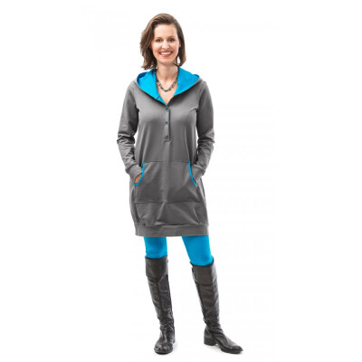 Schwangerschafts + Stillkleid Ella = sportliches Longtop mit Kapuze und Tasche grau+türkis, 72% Baumwolle (kbA), 23% Viskose, 5% Elasthan, M