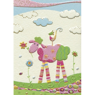 Geschenkanhänger "rosa-grünes Schaf", 6x8cm², mit goldgelbem Bändchen