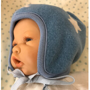 Fleece-Mütze "Stern-Zoe", mit naturf. Stern, Farbe: hellblau, Nähte grau, außen: 100% Wolle (kbT), Futter: 100% Baumwolle (kbA) 46