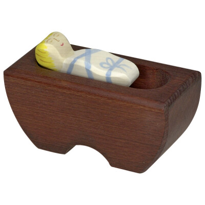Holzfigur "Baby oder Jesuskind in der Krippe - mit BLAU", Holztiger Holzfiguren für die Weihnachtskrippe oder das Puppenhaus, handbemalt