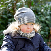 Rundmütze "Pickapooh-Wolle/Seide-Luca grau", 70% Wolle (kbT) + 30% Seide, grau mit gestreiftem Bündchen (ohne Halstuch!) 54