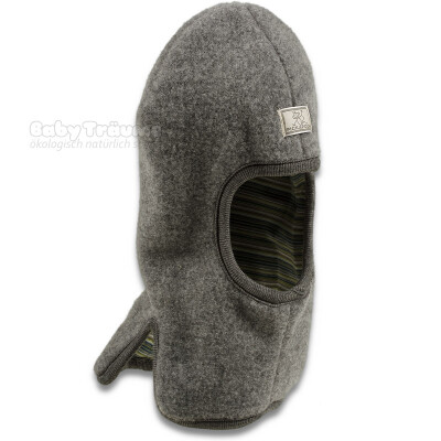 Wende-Schlupfmütze "Switsch grau - FleeceHelmi", außen: 100% Wolle (kbT, Fleece), innen: 97% Baumwolle (kbA), 3% Elasthan 52