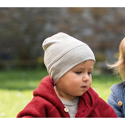 Baby-RundMütze "hellgrau-meliert", 70% Wolle (kbT)/30% Seide, Engels Beanie, hellgraumelange