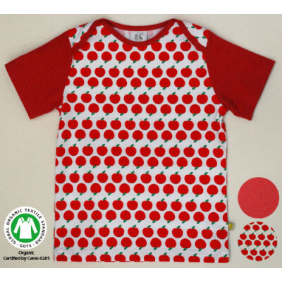 T-Shirt "Prusselises Bio-Apfel" fürs Baby, Kind oder Kleinkind, 97% Baumwolle (kbA)/3% Elasthan, weiß mit rotem Apfel-Druck 110/116