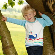 Shirt "Wal über bunten Wellen", 100% Baumwolle (kbA), naturfarben mit hellblauen Ärmeln 3-4 Jahre