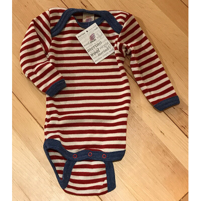 Babys WollBody "geringelt rot-melange/natur, blau-melange abgesetzt", 100%  Schurwolle (kbT) 74/80