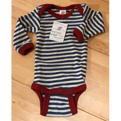 Babys WollBody "geringelt blau-melange/natur, rot-melange abgesetzt", 100%  Schurwolle (kbT) 86/92