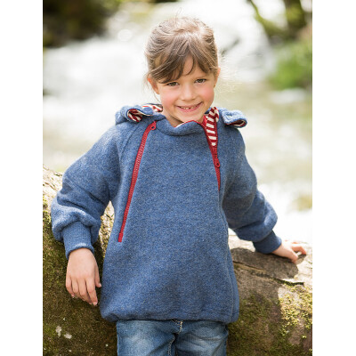 Kuschelfleece-Pulli-Jacke "blau-melange", Fleece, 100% Wolle (Schurwoll-Fleece aus kbT-Schurwolle), blau-melange 116