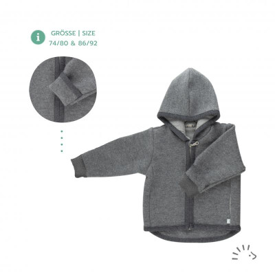 Wollwalk-Jacke "grau mit Reißverschuss", 100% Schurwolle, Kapuzenfutter: 100% Baumwolle (kbA) 110/116