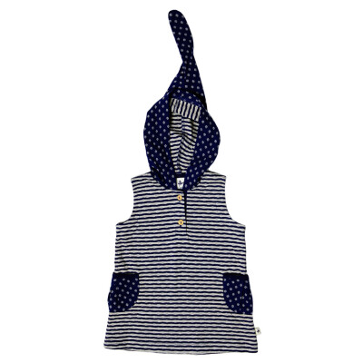 Kapuzenkleid°° bzw. Longtop "Leelas Zypern - blau/beige" Baumwolle (kbA), ohne Arme, blau mit beige-melangefarbenen Rauten 116