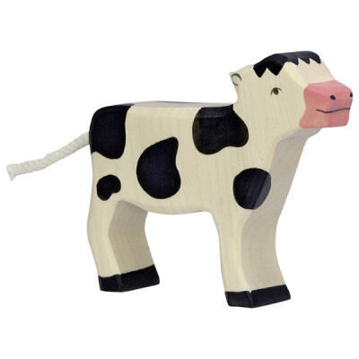 Holzfigur "kleine schwarze Kuh bzw. Kalb", stehend, schwarz, Holztiger Holzfiguren, handbemalt, Kälbchen, 11 x 2,3 x 8,8