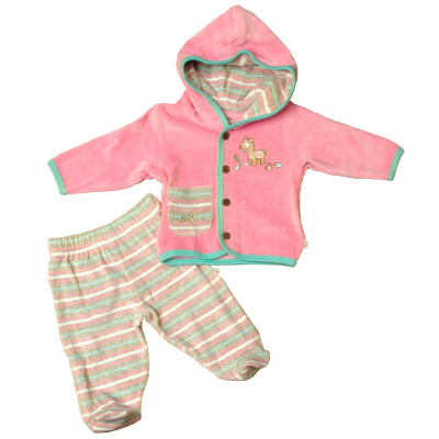 Anzug-Set "rosa-gestreift mit Reh" aus Hose und Jacke, 100% Baumwolle (kbA), rosa-mint-grau-natur-getreift