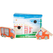 interaktives Holzbuch "Feuerwehr - mit Löschwagen und Leiterwagen" - bespielbares Bilderbuch mit 2 Klett-Feuerwehr-Fahrzeugen, ab 1 Jahr, 8 Schichtholzseiten