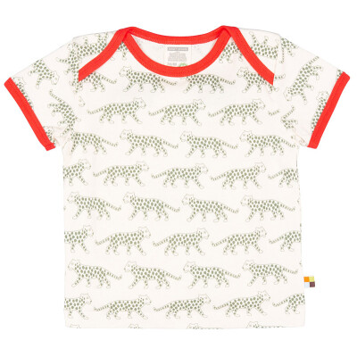 T-Shirt "Leopard olive", "100%" Baumwolle (kbA), olivegrüner Druck, cayennerot abgesetzt 98/104