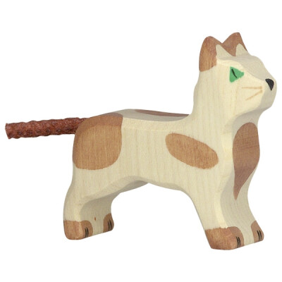 Holzfigur "kleine braun-gefleckte Katze", Holztiger Holzfiguren, handbemalt