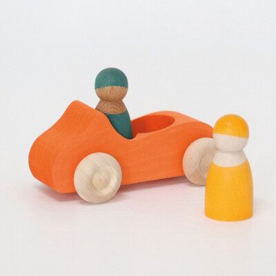 Auto-Cabrio "groß, orange mit 2 Regenbogenfreunden" Farben der Grimms Freunde: gelb, blau lasiert, heimisches Massivholz, ca.13cm, Altersempfehlung: 1+