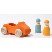 Auto-Cabrio "groß, orange mit 2 Regenbogenfreunden" Farben der Grimms Freunde: gelb, blau lasiert, heimisches Massivholz, ca.13cm, Altersempfehlung: 1+