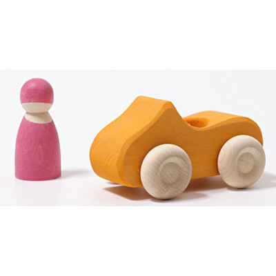 Auto-Cabrio "klein, gelb mit 1 Regenbogenfreund (rosa)", lasiert, heimisches Massivholz, ca.10,5cm, Altersempfehlung: 1+