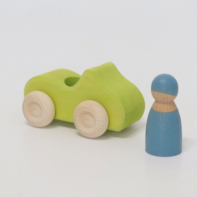 Auto-Cabrio "klein, grün mit 1 Regenbogenfreund (blau)", lasiert, heimisches Massivholz, ca.10,5cm, Altersempfehlung: 1+