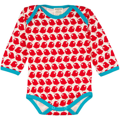 Body "Vögel - rot auf natur", blaues Bündchen, 100% Baumwolle (kbA)