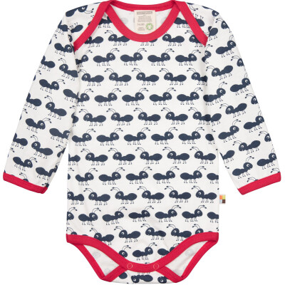 Body "Ameisen - navyblau auf natur", rotes Bündchen, 100% Baumwolle (kbA)