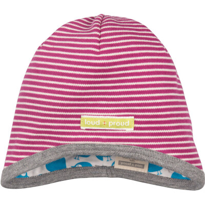 Wendemütze "Streifen orchidee - innen: Vögel petrol" loud + proud, 100% Baumwolle (kbA) 86/92