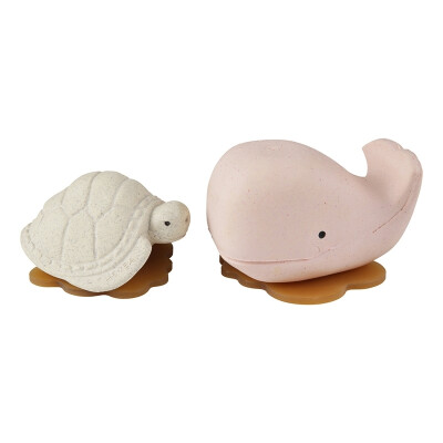 Bade-GeschenkSet: Wal + Schildkröte "heveas champagne pink Wal + vanilla Schildkröte" Spritztiere recycled Naturkautschuk