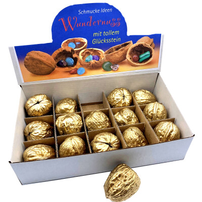 1 Wundernuss "gold": 1-2 polierte Halbedelsteine in 1 Walnuss versteckt - nicht essbar! Geschenkartikel