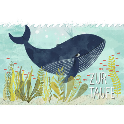 Glückwunschkarte "Zur Taufe" - mit Wal im Wasser - Querformat mit Umschlag