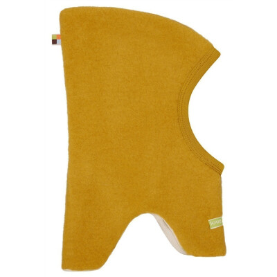 Schlupf-Wendemütze "Curry, innen bedruckt mit Schafen", außen Schurwollfleece