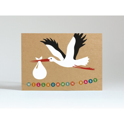 Postkarte "Willkommen Baby - mit fliegendem Storch", TanteTrudel