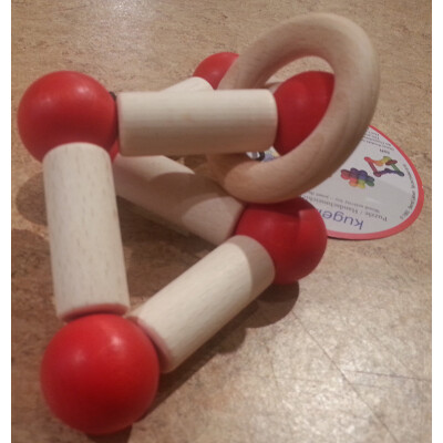 Stäbchen-Greifling, Holz, NATUR mit roten Kugeln, Gummiturn mit Ring - Holzstäbchen