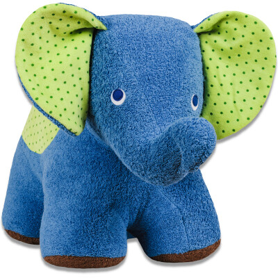 Elefant "Efie-Blue" in XL, außen 100%  Baumwolle (kbA), blau mit grün, zum Kuscheln + Reiten für leichte Reiter