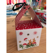 Geschenk-Faltschachtel "Pilz + Reh + Zwerg", weiß, 6x6x6cm³ - kleine Faltschachtel - Restposten, Sonderangebot wegen ungünstigem Aufkleber, statt 1,5 €!