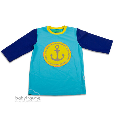 UV-Schutz-Shirt "Anker", UV 50+, blau/marine/gelb mit Anker, 82% Polyamid (recycelt)/18% Elasthan, blau, Größe 116/122
