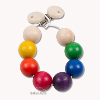 Baby-Kinderwagenkette°°, farbige Holzkugeln, ca. 27cm lang, mit Gummi ca. 35cm, 8 bunte Massivholzkugeln (je 3,5cm Durchmesser)